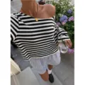 Casual zwart-wit gestreepte gebreide dames trui met lange mouwen, comfortabele fit. - Zwart