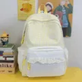 Cute yellow plaid and polka dot backpack detail, featuring sweet lace trim and a heart patch. - No Pendant / Yellow