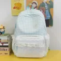 Sweet Korean plaid backpack with cute polka dots and white lace ruffles for stylish students. - No Pendant / Green