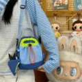 Korean style casual nylon crossbody phone bag with neon green drawstring and cute star pouch. - Blue With Charm