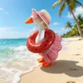 Peluche d'oca da 7 pollici in abito da spiaggia con cappello di paglia e salvagente. - Set Rosso (Cappello di Paglia + Occhiali + Gonna + Salvagente)