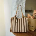 Grande borsa a tracolla a righe borsa casual da donna con elegante ciondolo di perle - Stile Con Ciondolo / Cachi Con Pendente