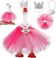Vista dettagliata della gonna tutu rosa, corona scintillante e collana cuore per oca statuetta. - Set gonna in tulle rosa acceso