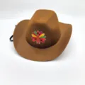 Brown felt Thanksgiving cowboy hat with colorful turkey print and elastic chin strap. - Brown / 19cm