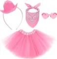 Pink cowgirl costume set with mini cowboy hat headband bandana heart sunglasses and tutu skirt - Four-Piece Set / Set 3
