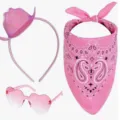 Pink cowboy hat headband matching heart-shaped sunglasses and paisley bandana party set - Three-Piece Set / Set 1