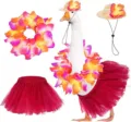Set costume estivo cappello di paglia con fiori tropicali e gonna tutu per animali - Set 1 (Cappello + Gonna + Corona)