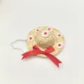 Primo piano dettagliato del cappello di paglia per animali con margherite e fiocco. - Rosso