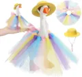 Piccola statuetta d'oca da scrivania con cappello di paglia giallo e tutu colorato dettaglio. - Set cappello e gonna giallo