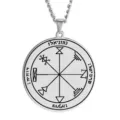 Detail view of stainless steel Solomon seal talisman necklace featuring intricate occult symbols. - No. 1