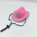 Dettaglio del mini cappello da cowboy rosa con tiara argentata e bordo glitterato. - Cappello a corona rosa
