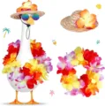 Set di statue di oca tropicale da spiaggia con corona di fiori e cappello di paglia. - Set 2 (Cappello + Occhiali + Corona)