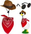 Western cowboy hat, round sunglasses and red paisley bandana set for garden duck statue decor. - Brown Hat + Red Scarf Set + Glasses