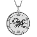 Close-up detail of stainless steel Solomon seal pendant with scorpion engraving design. - Size 12