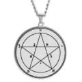 Detailed close-up view of the stainless steel pentagram talisman pendant with engraved symbols. - Size 15