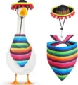Mexican sombrero hat and colorful striped bandana set for porch goose holiday decoration. - Mexican Butterfly Edge Hat and Scarf without Pompom