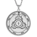 Detailed close-up of stainless steel Solomon seal talisman pendant with occult Hebrew script. - Style 29