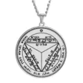 Detailed shot of stainless steel Solomon seal talisman necklace with engraved occult Hebrew script. - No. 32