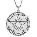 Close-up detail of the stainless steel Seal of Solomon pentagram amulet pendant necklace. - Style 41