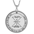 Close-up detail of stainless steel Solomon seal amulet pendant with engraved mystical Hebrew symbols. - No. 42