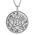 Detail view of the stainless steel Solomon seal pendant with mystical Hebrew text and symbols. - Style 43