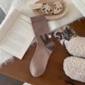 Calcetines de mujer bordados con gato esponjoso, lindos calcetines de algodón marrón de invierno. - Talla única / Caqui Dibujos Animados
