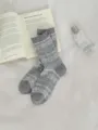 Grey Nordic fair isle knit mid-tube socks with cute bear and diamond patterns for daily wear. - One Size / Fair Isle