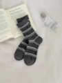 Dark grey striped mid-calf socks for women, vintage knit socks with chic style everyday. - One Size / Black Stripe