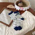 Japanese navy blue striped mid-tube socks cute bow college style casual women hosiery - One Size / Striped Bow