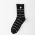 Black mid-calf socks with blue-gray stripes and cute white embroidery. Sweet JK style. - Size 35-39 / Black