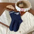 Japanese navy blue polka dot socks, cute bear patch mid-calf stacked socks, autumn fashion. - One Size / Patch Bear