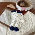 Japanese navy blue cute bear print socks women autumn college style mid-calf socks. - One Size / Embroidery Bear Polka Dot