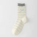 Sweet Japanese style cute women mid-calf socks with blue stripes and elegant bow design. - Size 35-39 / White Striped
