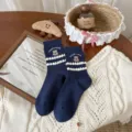 Japanese navy blue cute bear crew socks with ruffle edge sweet college style autumn socks - One Size / Bubble Bear Style