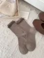 Women brown mid-tube socks sweet lolita ballet style ruffle bubble cuff bow cute socks - One Size / Light Coffee