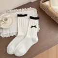 Calzini bianchi donna tubo carino fiocco pizzo volant maglia comodo morbido abbigliamento quotidiano - Fiocco