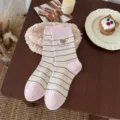 Calcetines a media pantorrilla a rayas rosas para mujer, tierno bordado de oso, estilo dulce. - Mujer 35-39 / Rayas