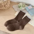 Korean style dot yarn women's mid-tube socks, autumn and winter new contrast lace cable knit socks. - One Size / Coffee