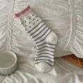 Japanische gerollte Bündchen gestreifte gepunktete Wadenstrümpfe Damen Baumwolle süße Socken - Einheitsgröße / Weiß