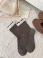 Brown polka dot mid-calf socks with delicate lace ruffle cuffs and sweet bow accents. - One Size / Dark Coffee White Lace