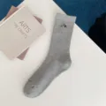 Grey ribbed crew socks for men with mountain embroidery and soft cotton fabric for daily streetwear. - One Size / Light Gray