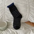 Japanische Socken mit gerolltem Bündchen, Streifen und Punkten, weiche Baumwoll-Freizeitsocken - Einheitsgröße / Schwarz