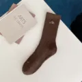 Men's brown ribbed crew socks featuring a stylish snow mountain embroidery for casual daily wear. - One Size / Coffee