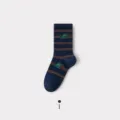 Cute cartoon design mid-calf women socks with striped pattern and funny green animal graphic. - One Size / Navy Blue