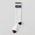 Weisse sportliche Wadensocken mit blau-roten Streifen, modische Trainingsvariantensocke. - Einheitsgröße / Weißer Grund Rote Manschette