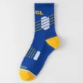 Blaue und gelbe athletische Herren-Crew-Socken, bequeme Baumwoll-Lauf-Sportsocken. - Einheitsgröße / Blau