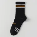 Black athletic crew socks for men with contrast color stripes, comfortable cotton sports socks. - One Size / Black