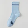 Men athletic crew socks light blue contrast color stripes breathable cotton hosiery daily wear - One Size / Blue