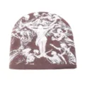 Brown Y2K aesthetic knit beanie with retro religious portrait graphic detail close up. - One Size / Dark Coffee