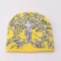 Yellow knit beanie with Y2K gothic human portrait graphic. Warm winter streetwear cap. - One Size / Yellow